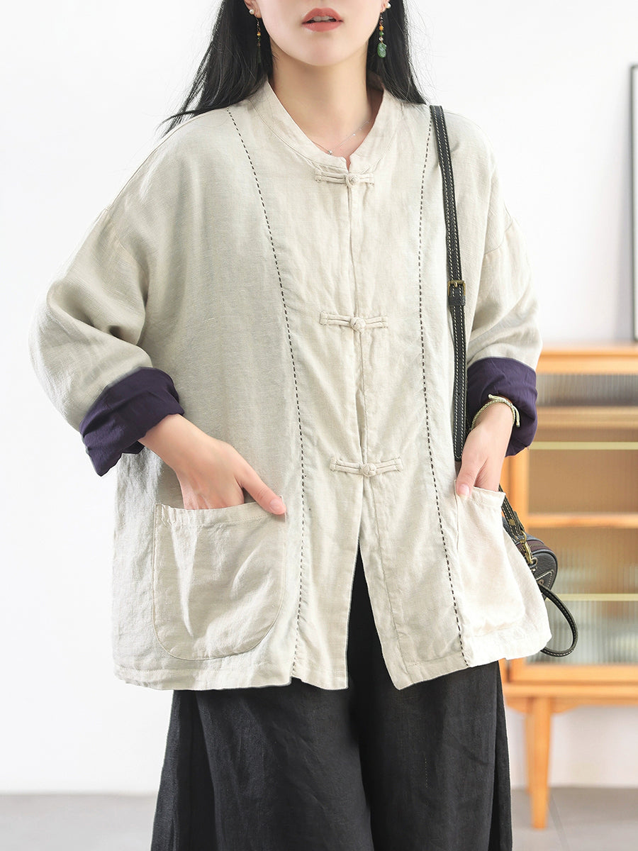 Women Autumn Ethnic Pure Color Stand Collar 100%Linen Coat