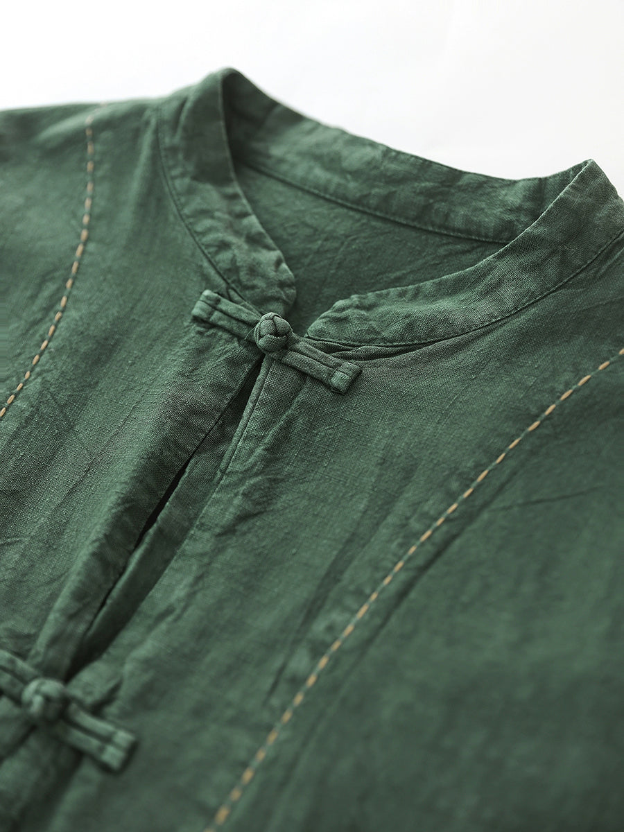 Women Autumn Ethnic Pure Color Stand Collar 100%Linen Coat