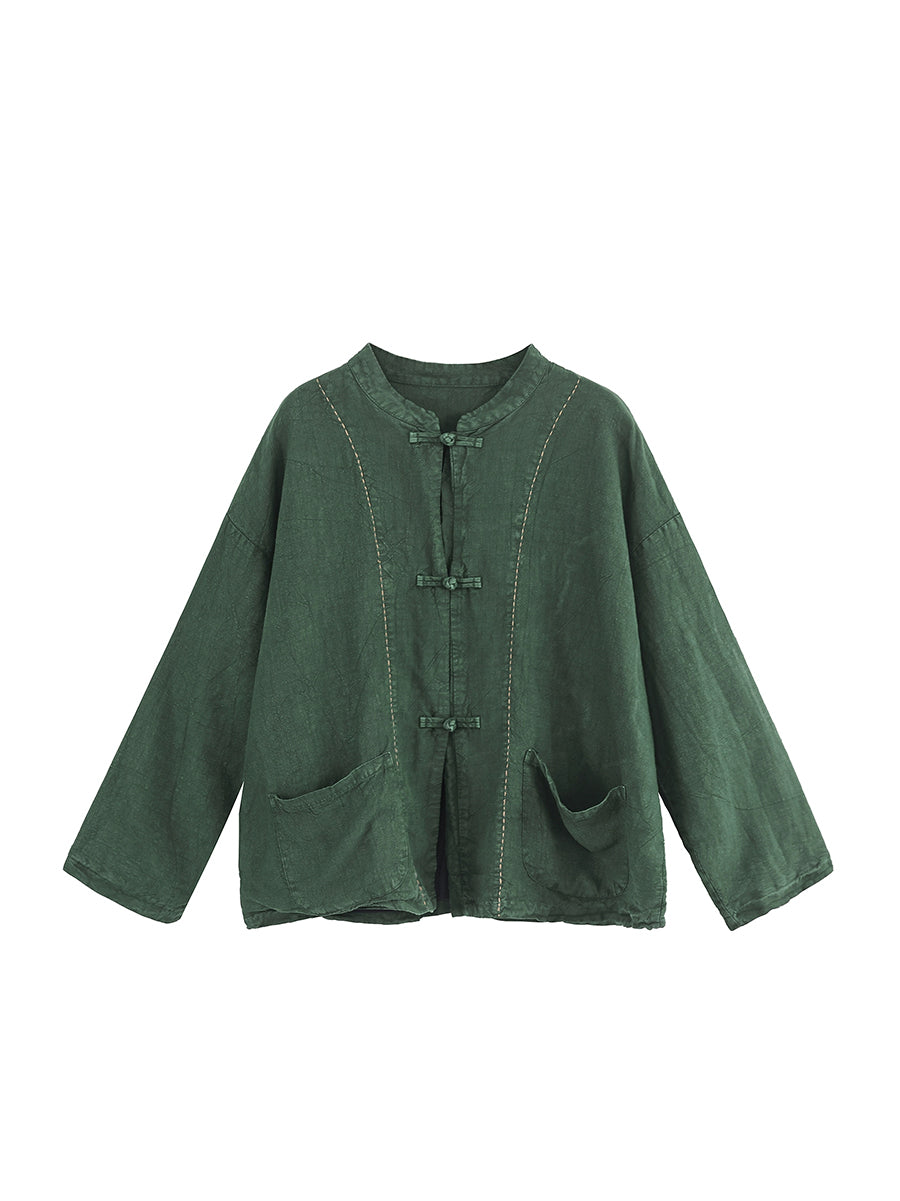 Women Autumn Ethnic Pure Color Stand Collar 100%Linen Coat