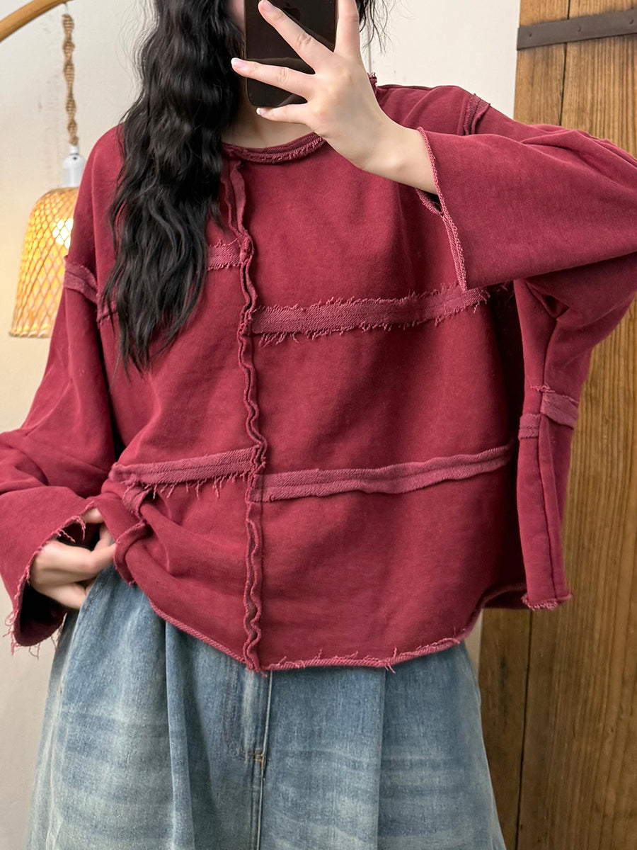 Women Autumn Retro Pure Color Spliced Cotton O-Neck Blouse