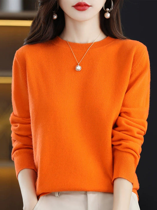 Women Autumn Casual O-Neck Knitted Wool Sweater