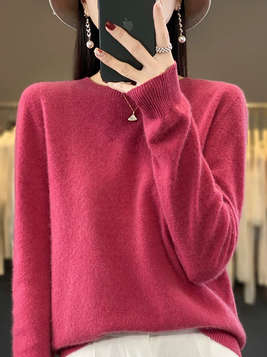 Women Autumn Casual O-Neck Knitted Wool Sweater