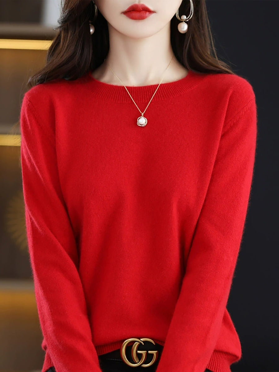 Women Autumn Casual O-Neck Knitted Wool Sweater