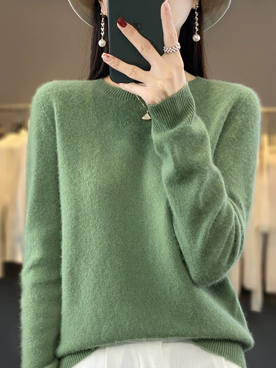 Women Autumn Casual O-Neck Knitted Wool Sweater