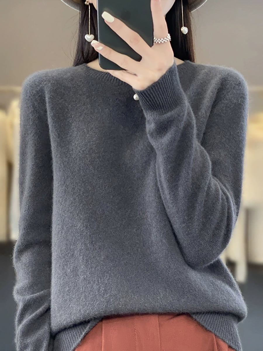 Women Autumn Casual O-Neck Knitted Wool Sweater