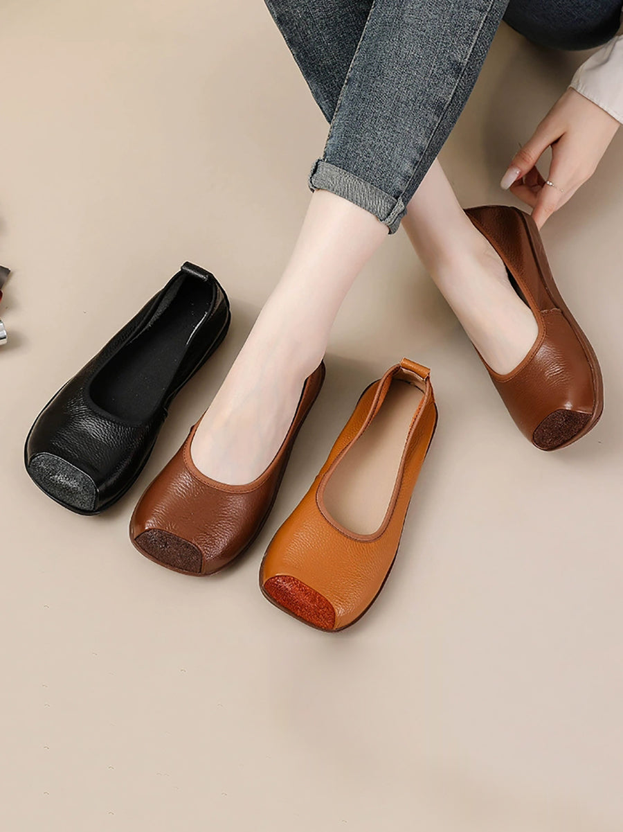 Women Autumn Genuine Leather Sqaure Collar Flat Shoes