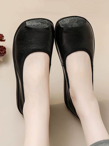 Women Autumn Genuine Leather Sqaure Collar Flat Shoes