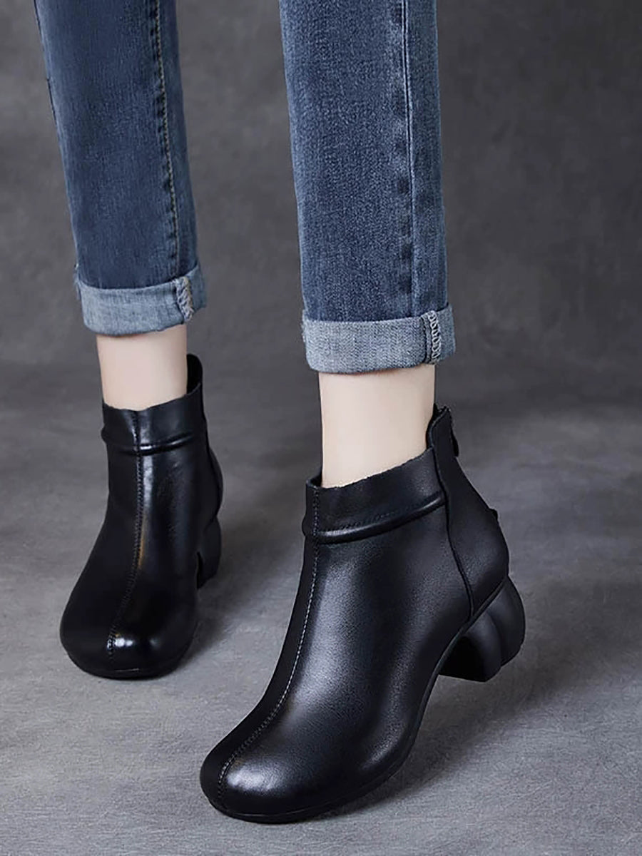 Women Vintage Genuine Leather Mid Heel Ankle Boots