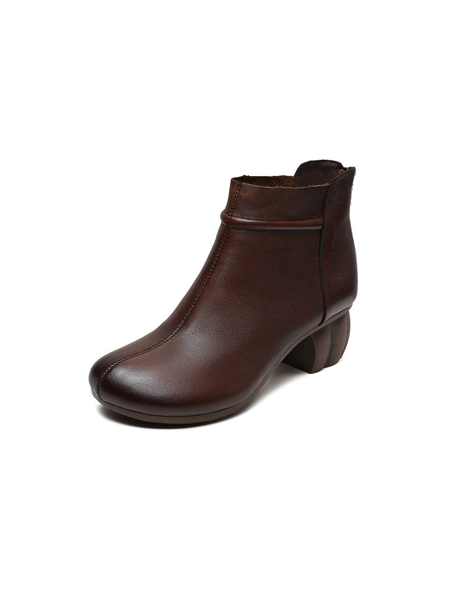 Women Vintage Genuine Leather Mid Heel Ankle Boots