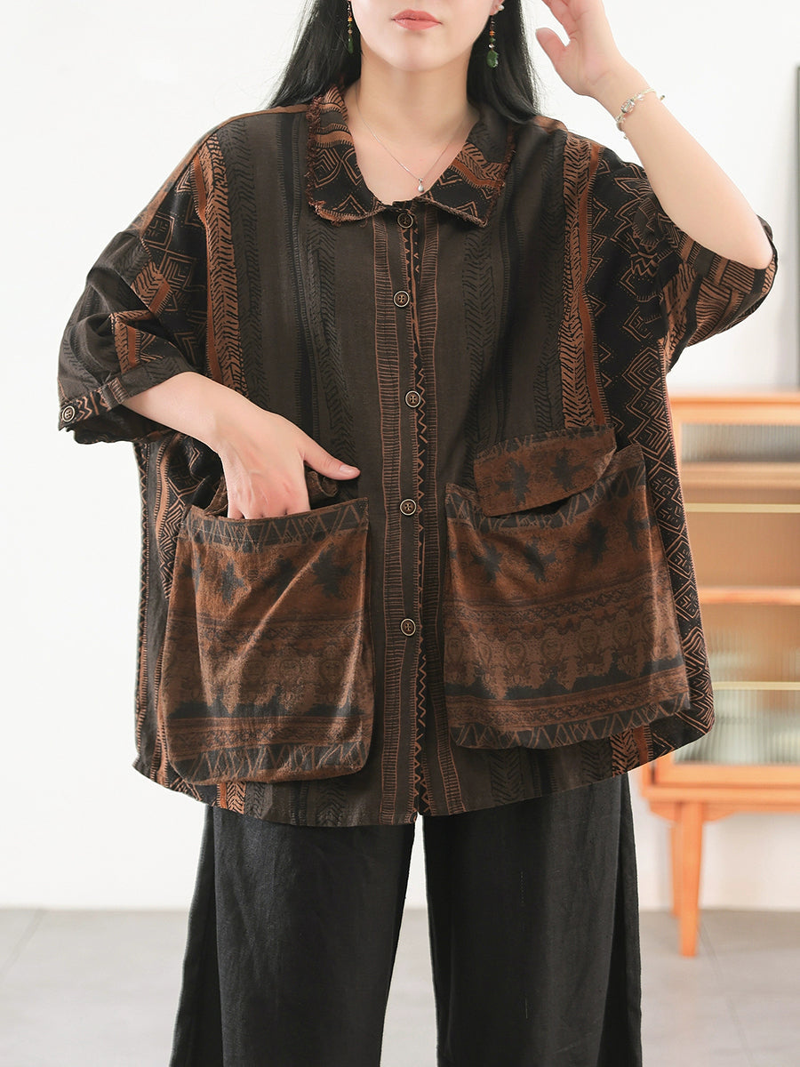 Women Autumn Retro Print 100%Cotton Turn-down Collar Shirt