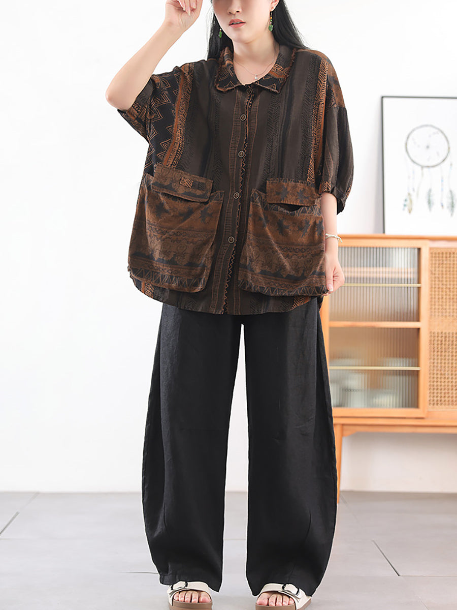 Women Autumn Retro Print 100%Cotton Turn-down Collar Shirt