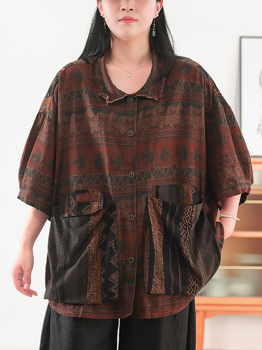 Women Autumn Retro Print 100%Cotton Turn-down Collar Shirt