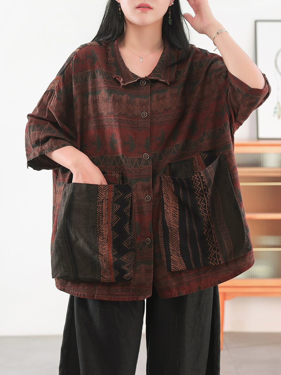 Women Autumn Retro Print 100%Cotton Turn-down Collar Shirt