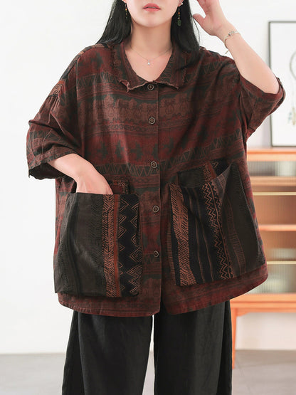 Women Autumn Retro Print 100%Cotton Turn-down Collar Shirt
