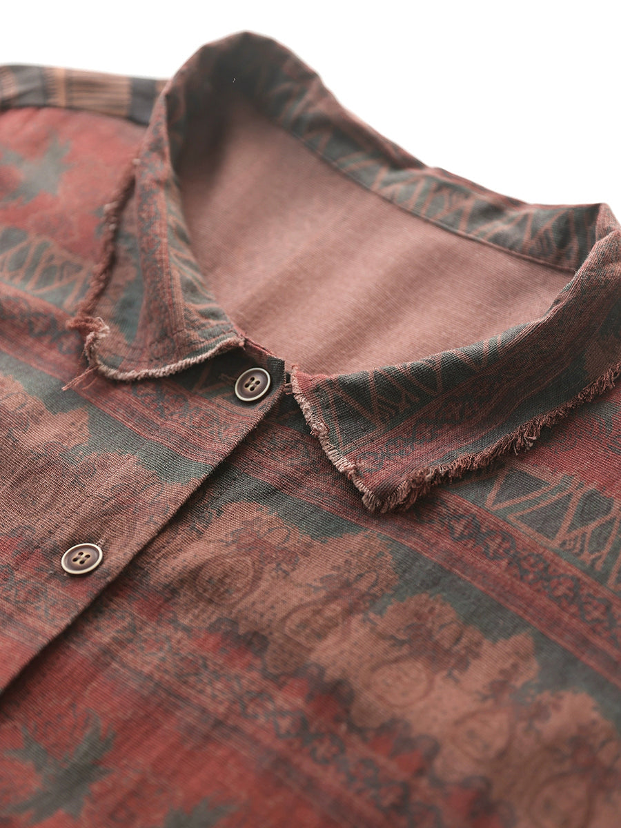Women Autumn Retro Print 100%Cotton Turn-down Collar Shirt