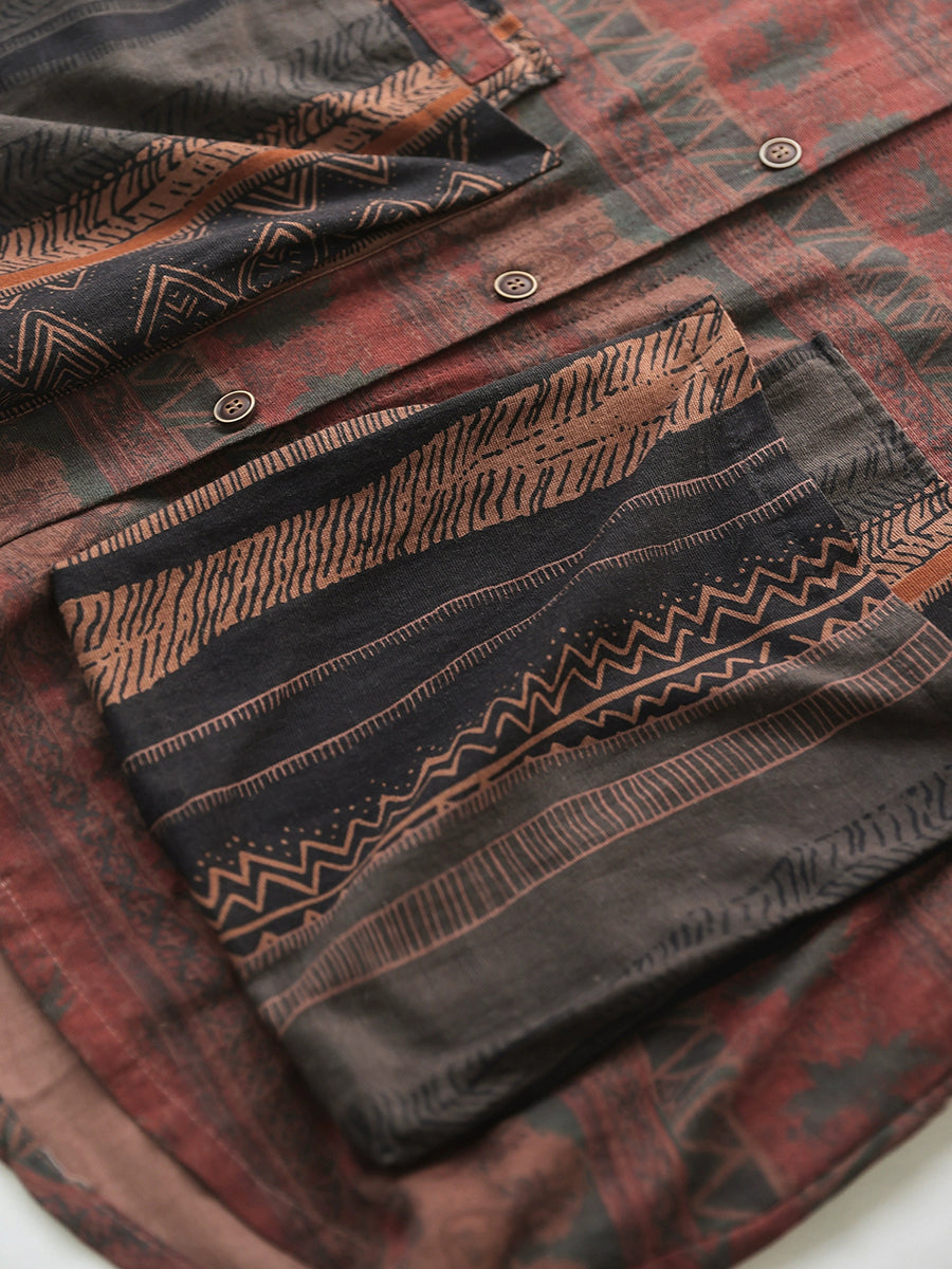 Women Autumn Retro Print 100%Cotton Turn-down Collar Shirt