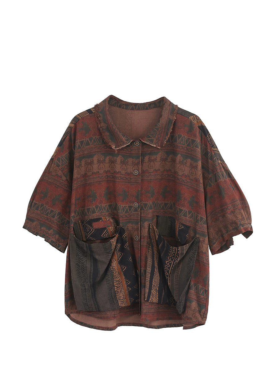 Women Autumn Retro Print 100%Cotton Turn-down Collar Shirt