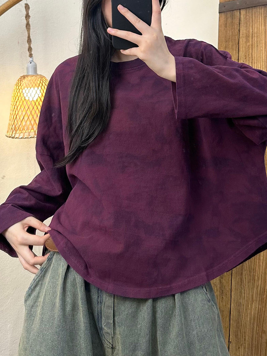 Women Autumn Vintage Tie-dye O-Neck Cotton Shirt