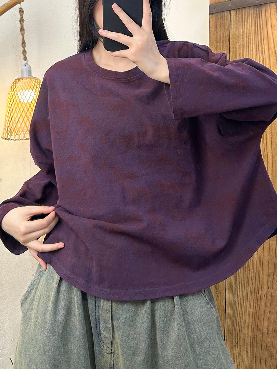 Women Autumn Vintage Tie-dye O-Neck Cotton Shirt