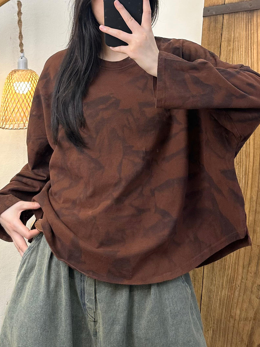 Women Autumn Vintage Tie-dye O-Neck Cotton Shirt