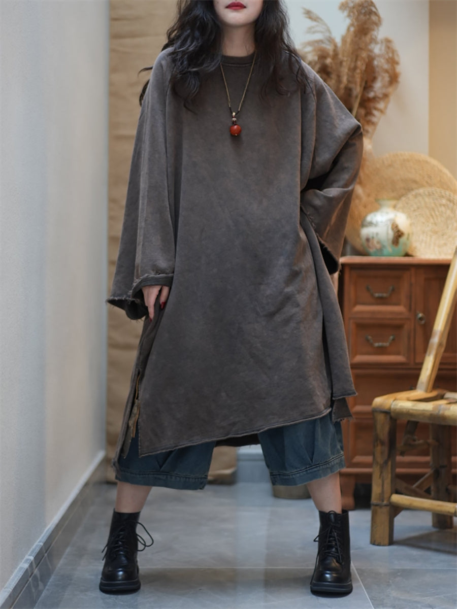 Women Summer Retro Pure Color O-Neck Cotton Dress