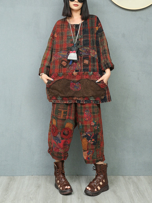 Women Autumn Retro Patchwork O-Neck Loose Cotton Suits