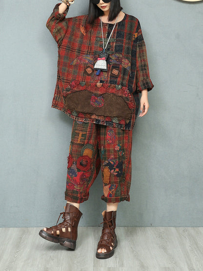 Women Autumn Retro Patchwork O-Neck Loose Cotton Suits