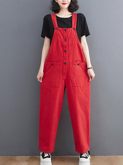 Women Summer Retro Pure Color Cotton Jumpsuits