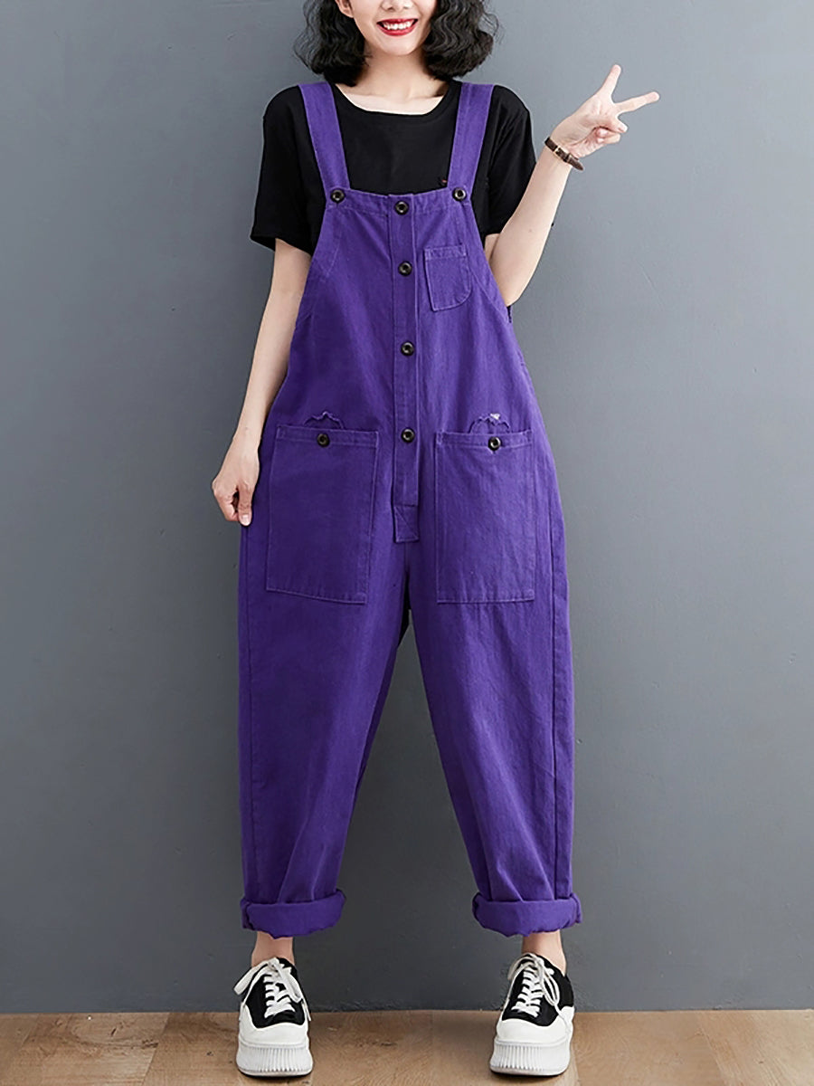 Women Summer Retro Pure Color Cotton Jumpsuits