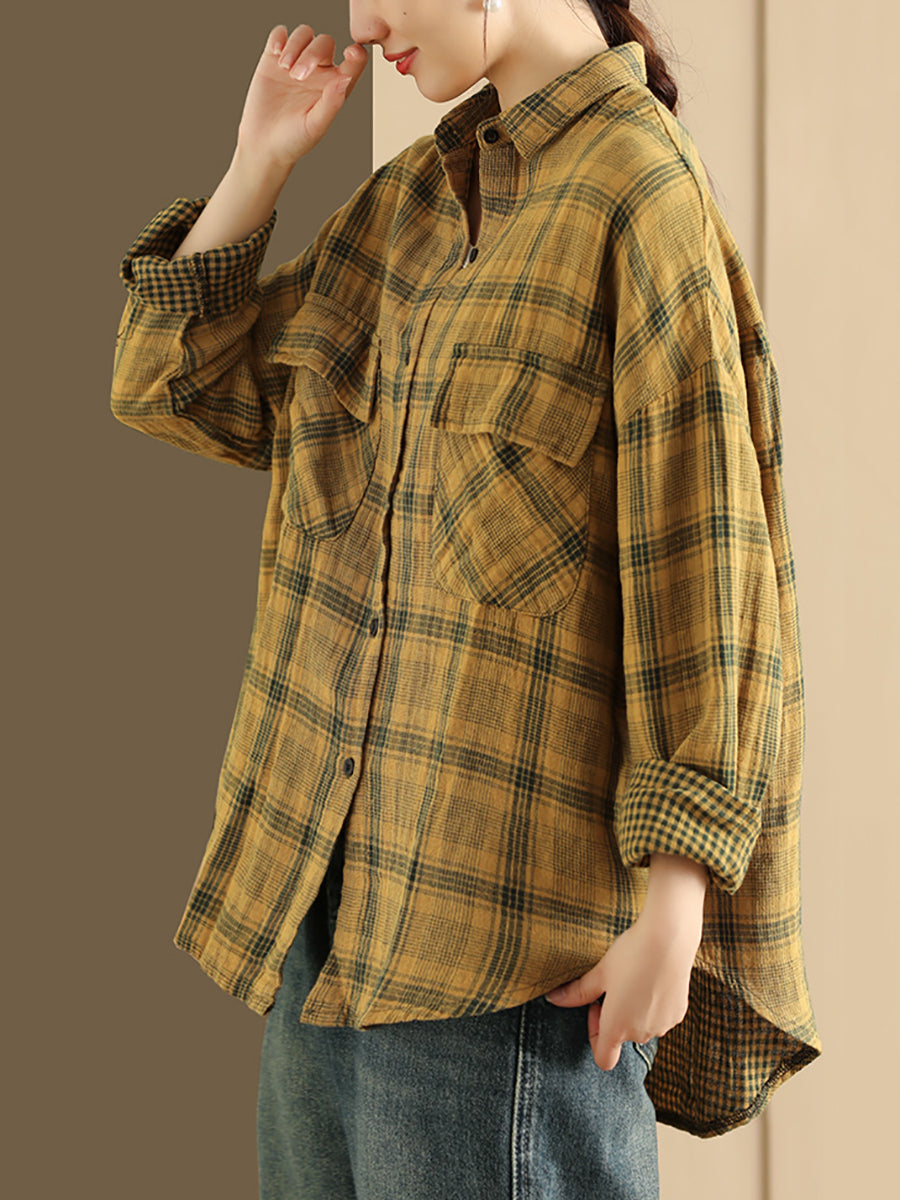 Women Autumn Vintage Plaid Turn-down Collar Shirt