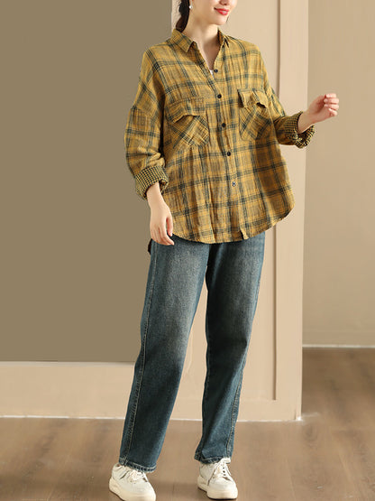 Women Autumn Vintage Plaid Turn-down Collar Shirt