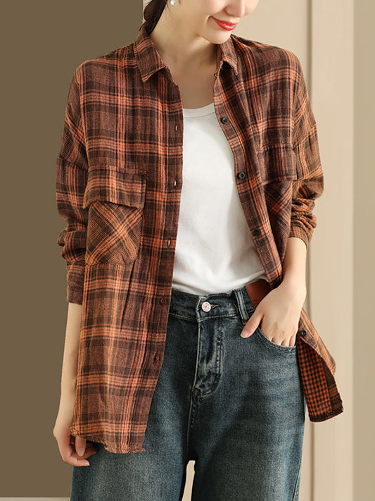 Women Autumn Vintage Plaid Turn-down Collar Shirt