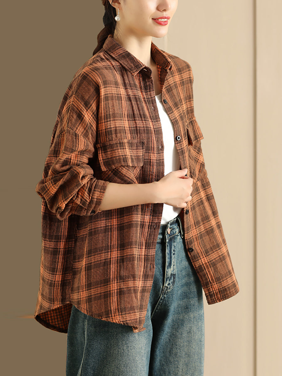 Women Autumn Vintage Plaid Turn-down Collar Shirt