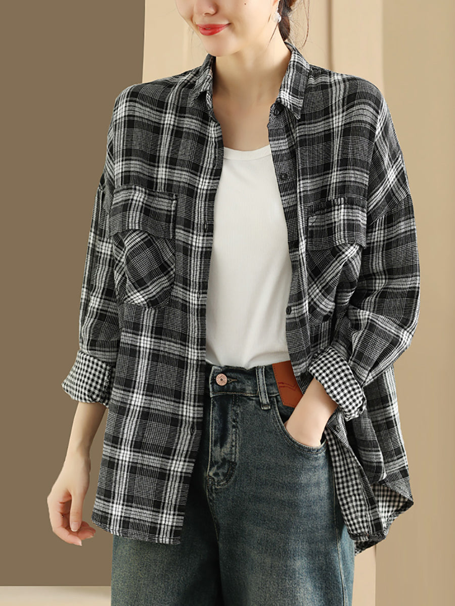 Women Autumn Vintage Plaid Turn-down Collar Shirt