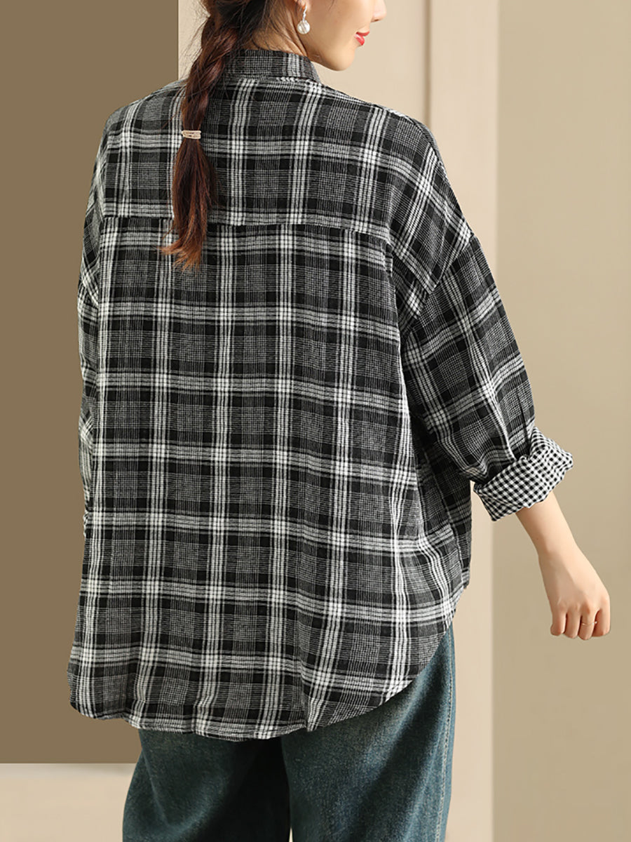 Women Autumn Vintage Plaid Turn-down Collar Shirt
