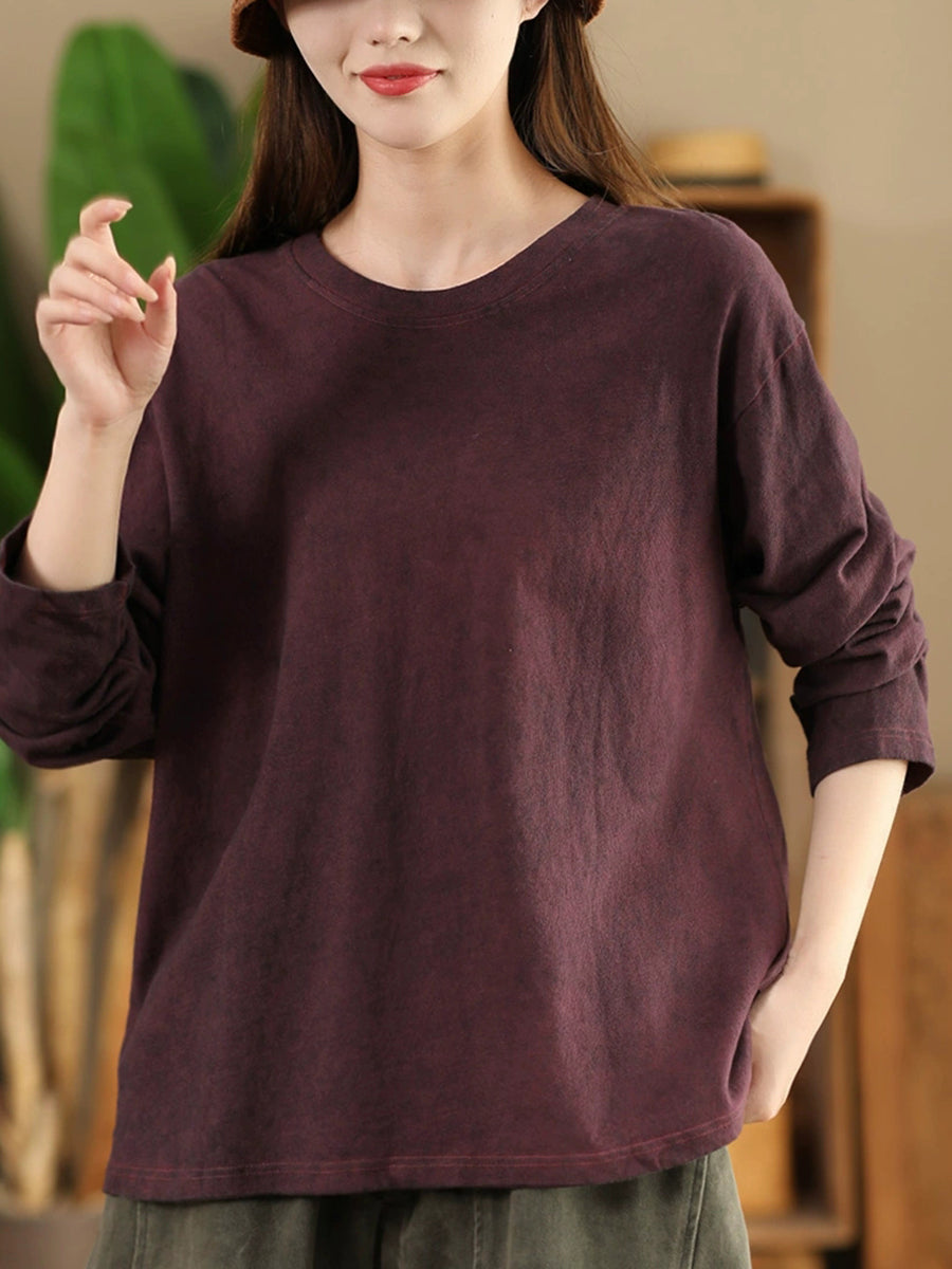 Women Autumn Retro Pure Color Cotton O-Neck Shirt