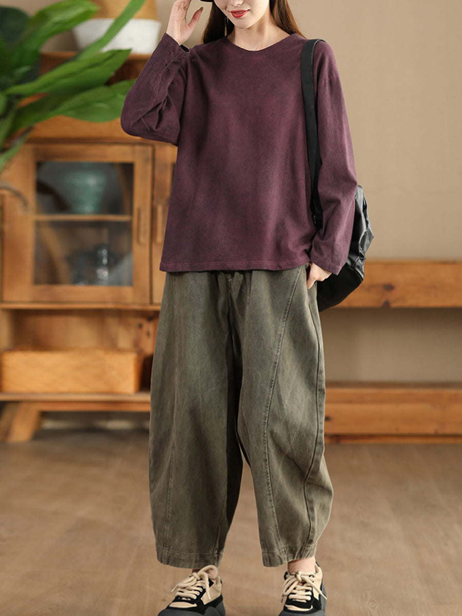 Women Autumn Retro Pure Color Cotton O-Neck Shirt