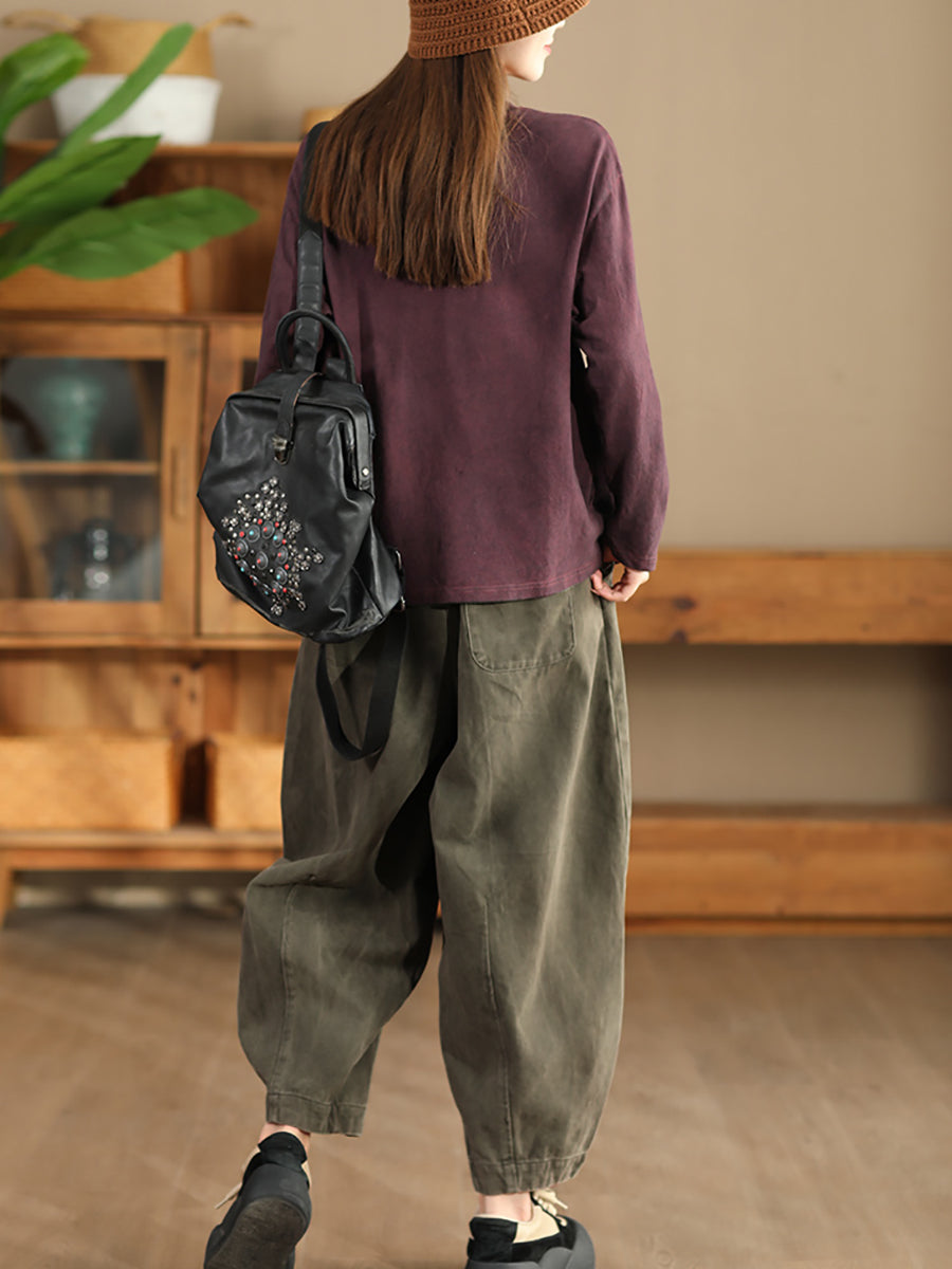 Women Autumn Retro Pure Color Cotton O-Neck Shirt