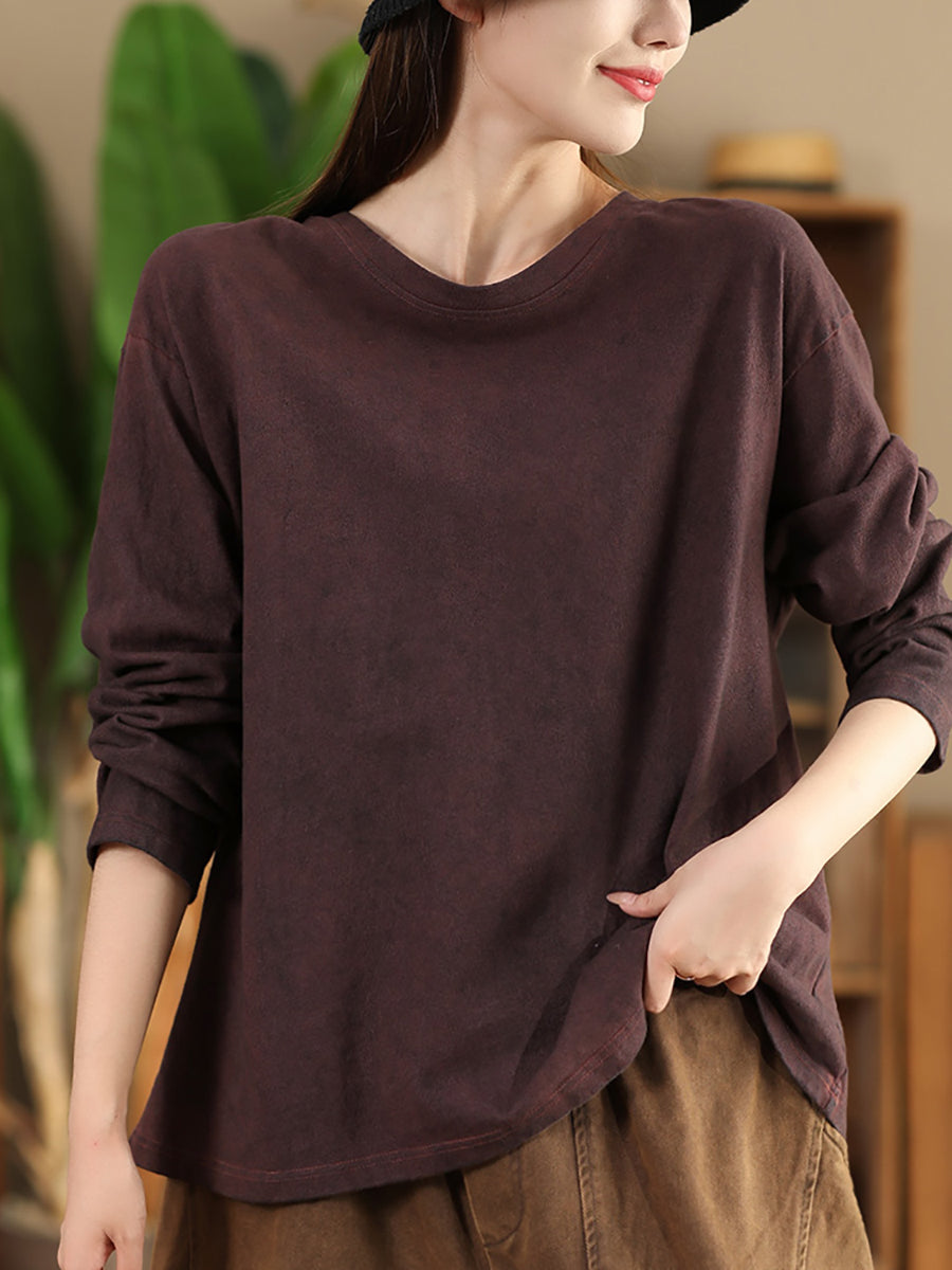 Women Autumn Retro Pure Color Cotton O-Neck Shirt