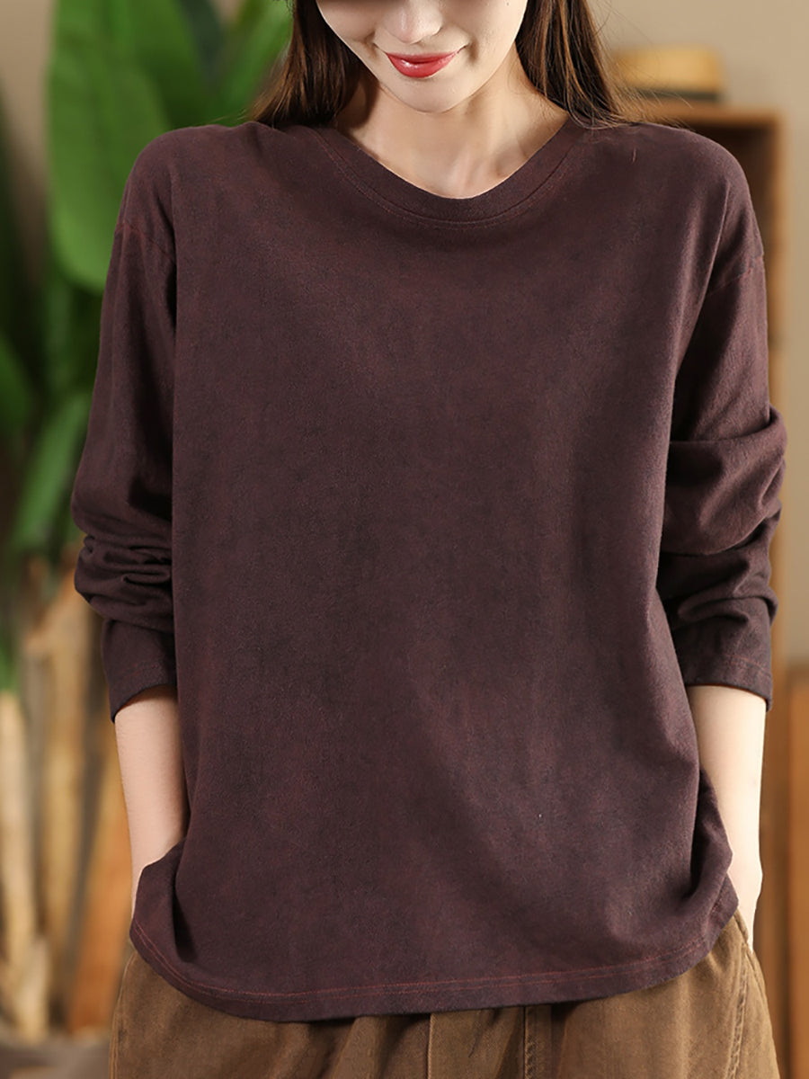 Women Autumn Retro Pure Color Cotton O-Neck Shirt