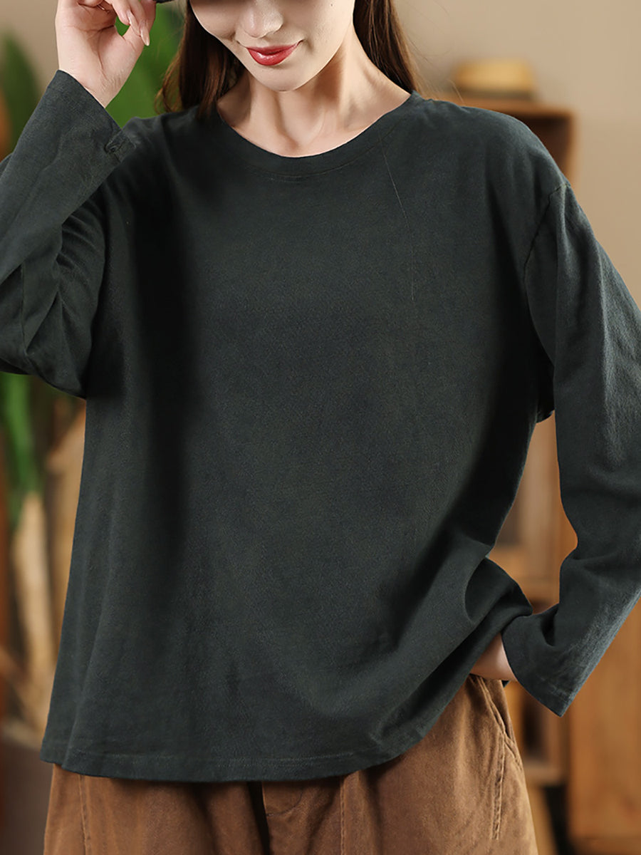 Women Autumn Retro Pure Color Cotton O-Neck Shirt