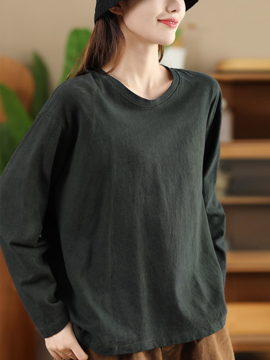 Women Autumn Retro Pure Color Cotton O-Neck Shirt