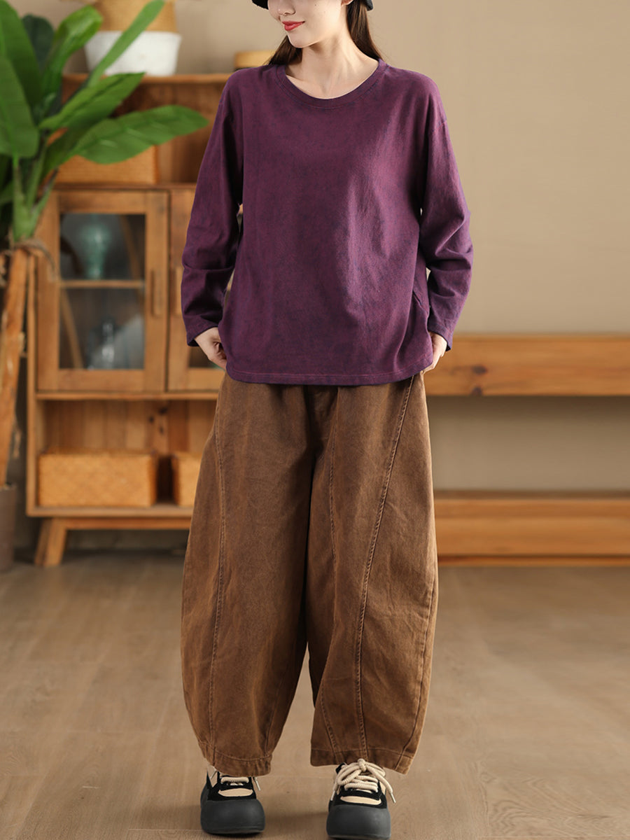 Women Autumn Retro Pure Color Cotton O-Neck Shirt