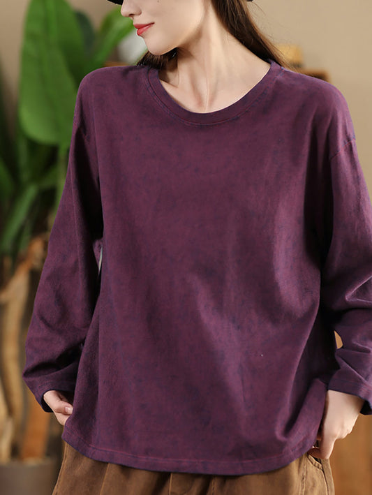 Women Autumn Retro Pure Color Cotton O-Neck Shirt