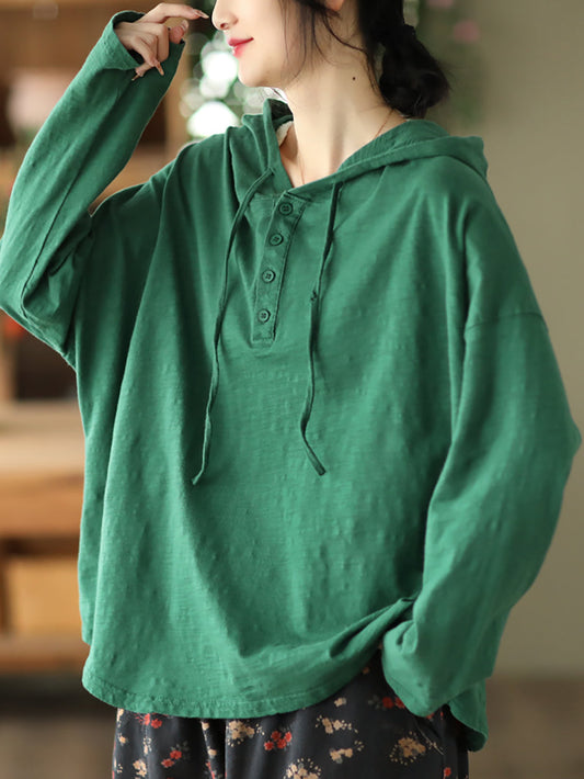 Women Autumn Vintage Pure Color Cotton Hooded Shirt