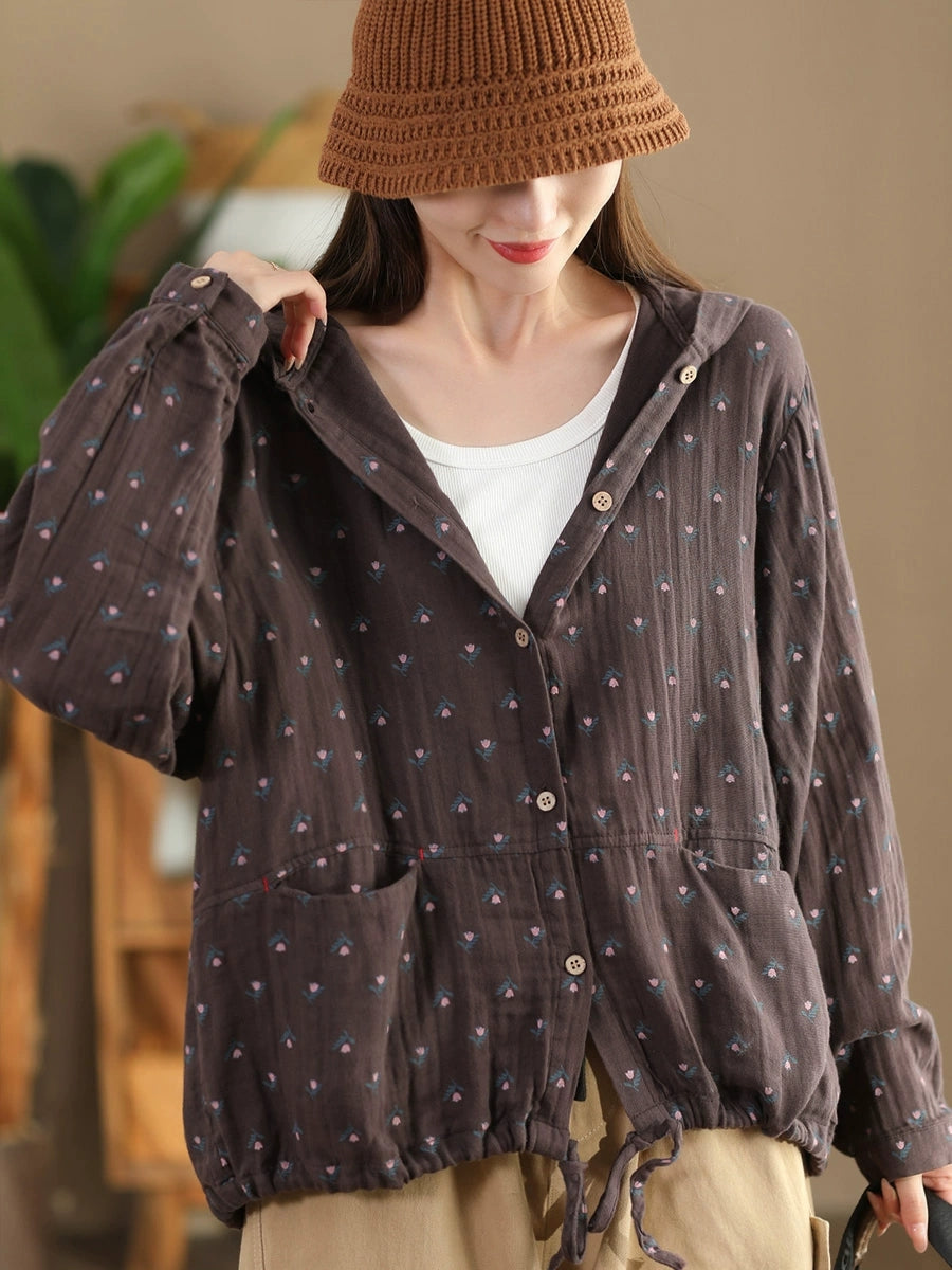 Women Autumn Artsy Floral 100%Cotton Hooded Shirt