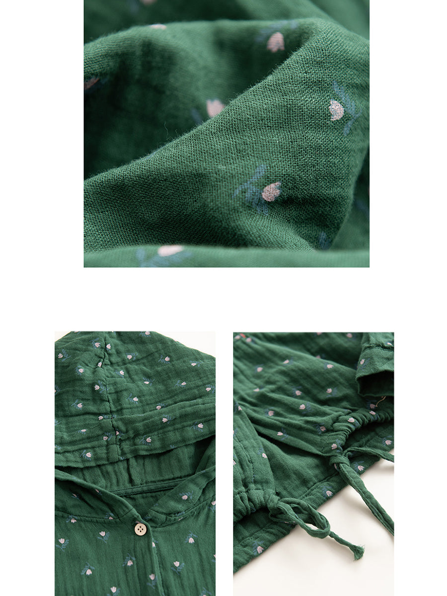 Women Autumn Artsy Floral 100%Cotton Hooded Shirt