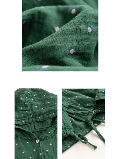 Women Autumn Artsy Floral 100%Cotton Hooded Shirt