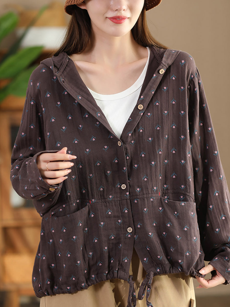 Women Autumn Artsy Floral 100%Cotton Hooded Shirt