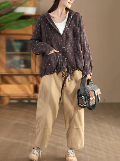 Women Autumn Artsy Floral 100%Cotton Hooded Shirt